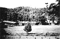 Camp Seebert across Current Run. Note in the foreground the unidentified objects, possibly geese in the  water.